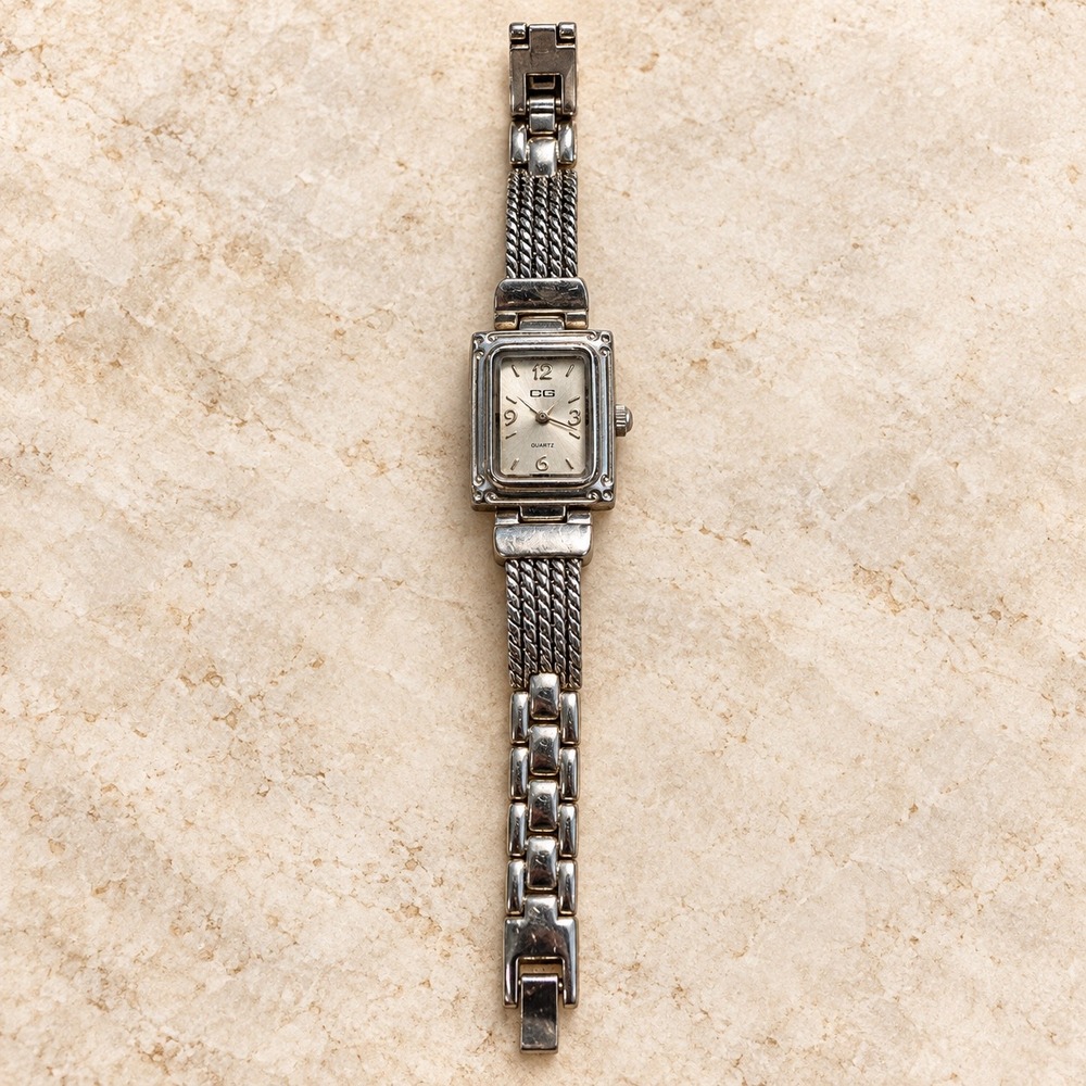 CG Quartz Watch CG231L Silver Tone Twisted Rope Link Band Rectangular Face